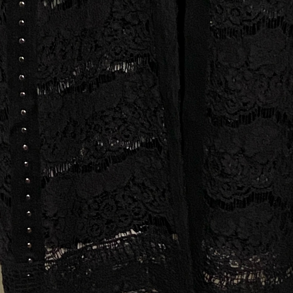 Vocal Lace Knit with Studded Faux Suede, Scalloped Hem Open Front Cardigan - Picture 4 of 13